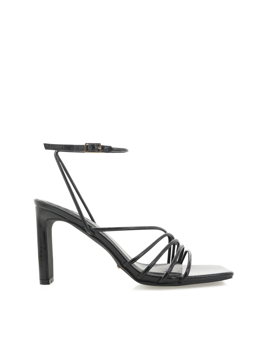 Denise Asymmetric Strappy Heel in Black Crinkle Patent
