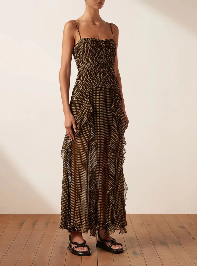 Ruched Frill Maxi Dress in Black Sand Shades of Grey Boutique