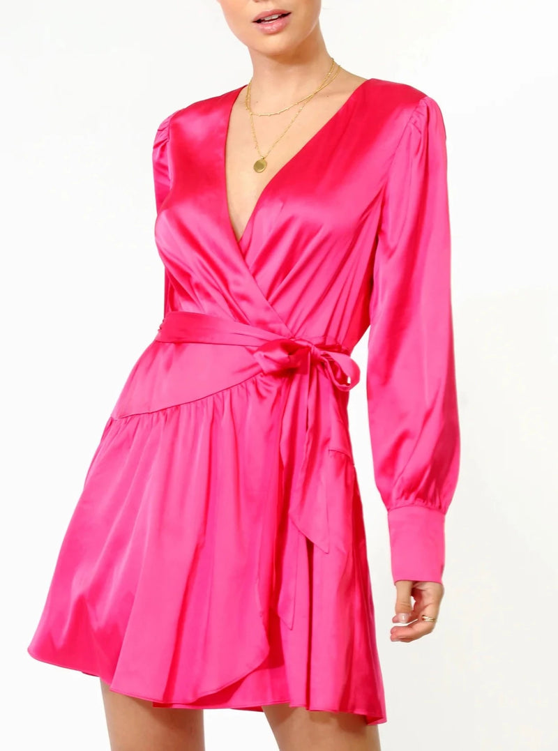 Ester Satin Wrap Dress in Fuchsia