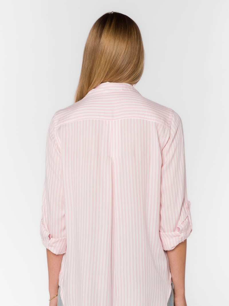 Elisa Linen Button Up in White/Pink Stripe