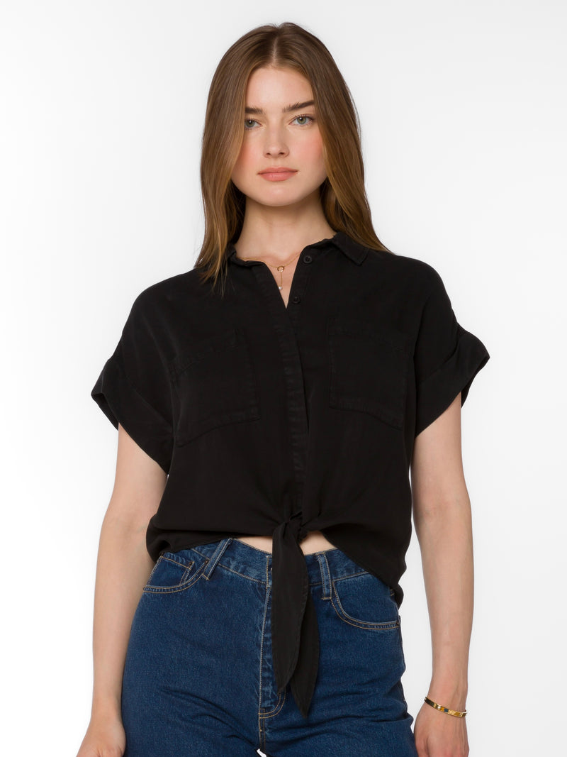 Zuria Button Tie Top in Black