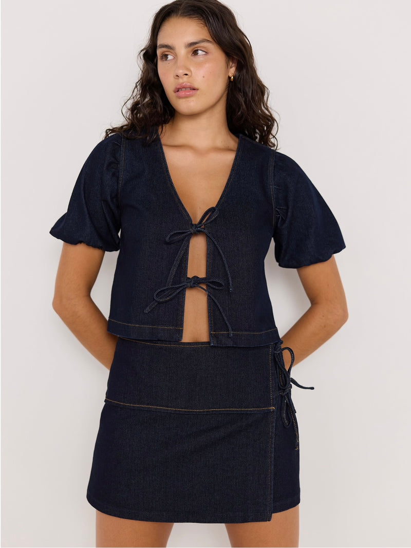 Raya Tie Front Top in Indigo