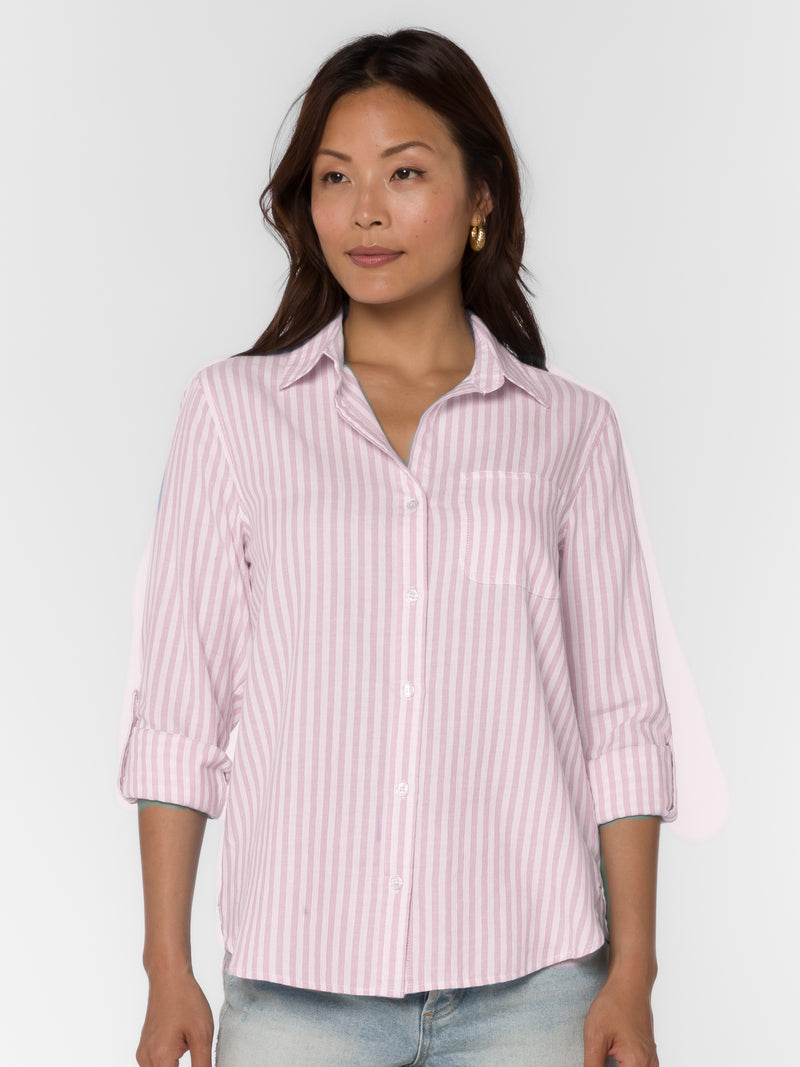 Elisa Linen Button Up in White/Pink Stripe