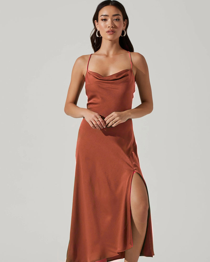 Gaia Satin Midi Dress in Milk Chocolate Brown
