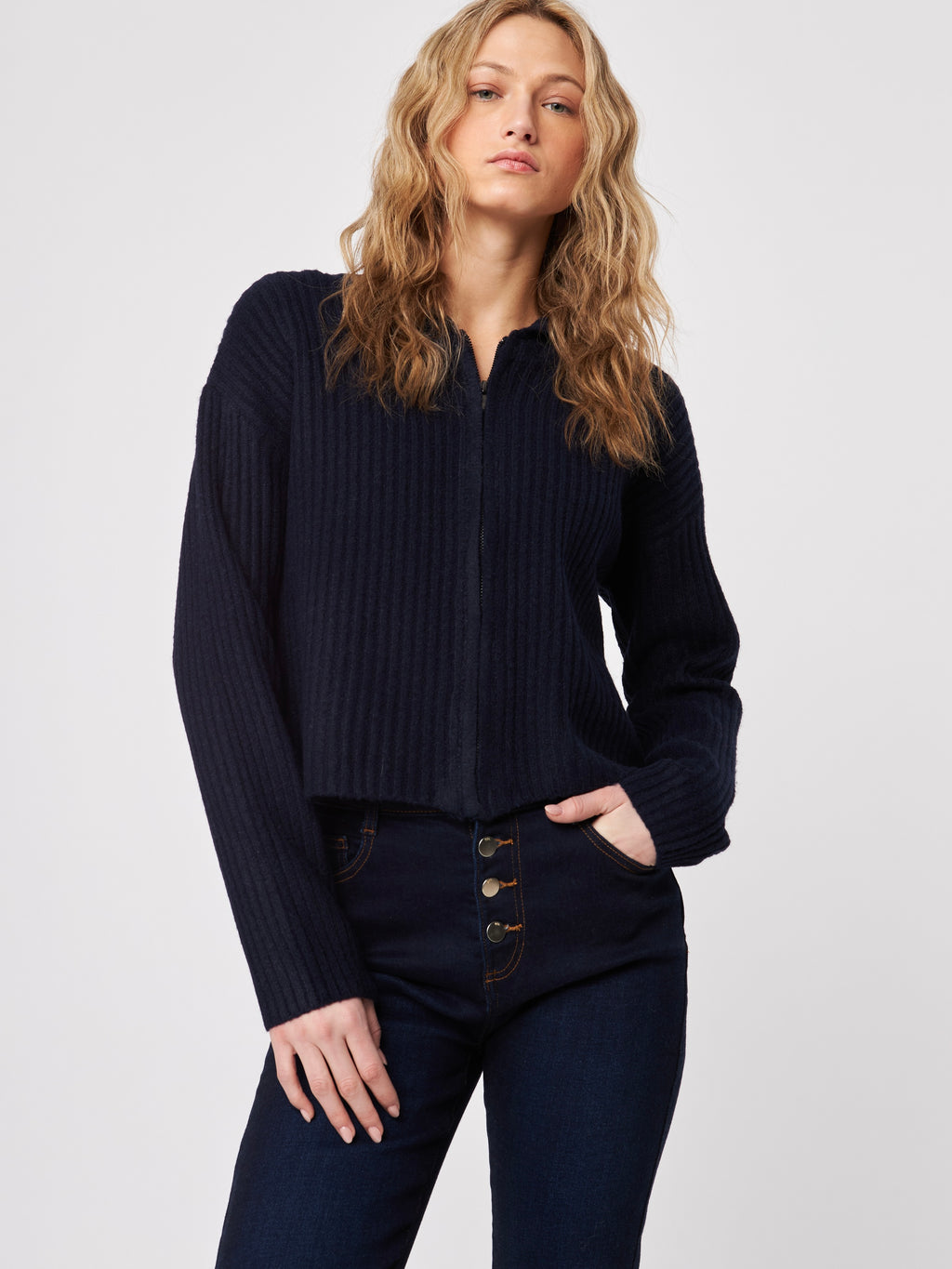 Gavin Rib Zip Hoodie in Navy