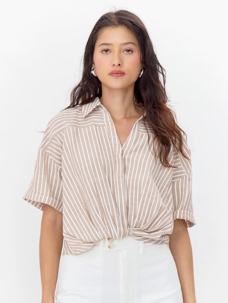 Maria Twist Tuck Shirt in Chestnut Stripe