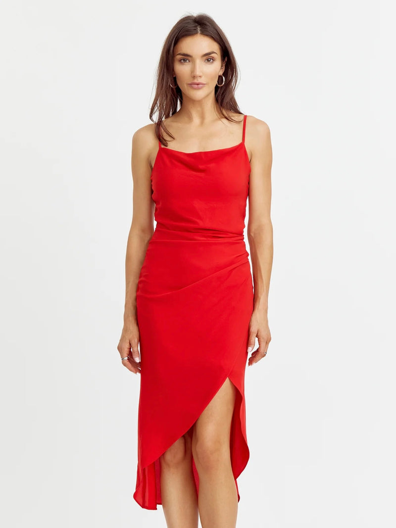 Esther Ruched Midi Slip Dress in Red