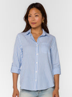 Elisa Linen Button Up in White/Blue Stripe