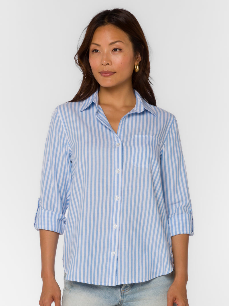 Elisa Linen Button Up in White/Blue Stripe