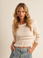 Silver Crochet Knit Sweater in Alabaster