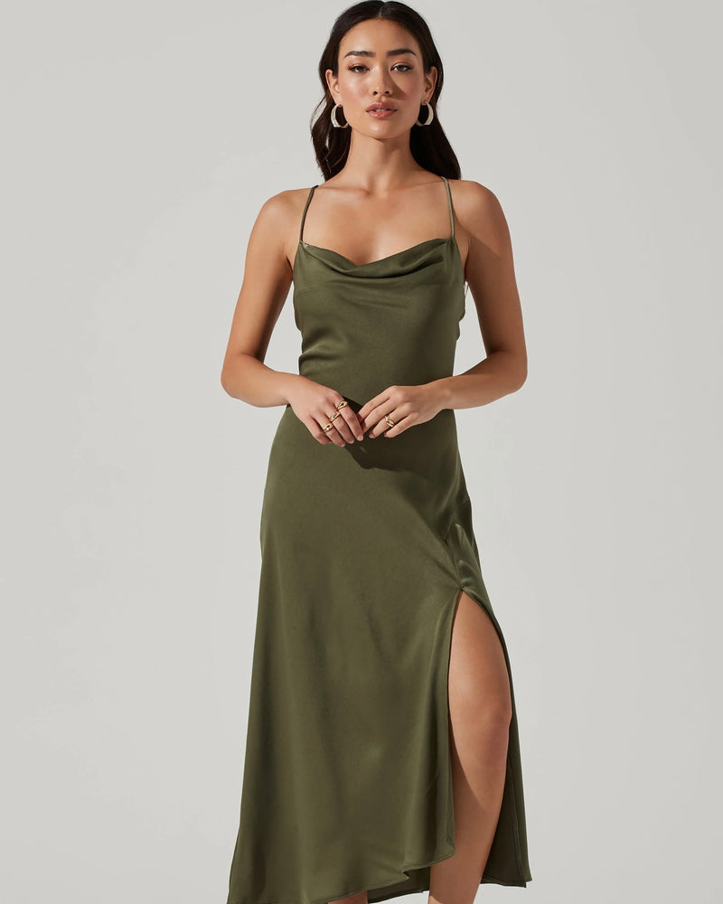 Gaia Satin Midi Dress in Sage