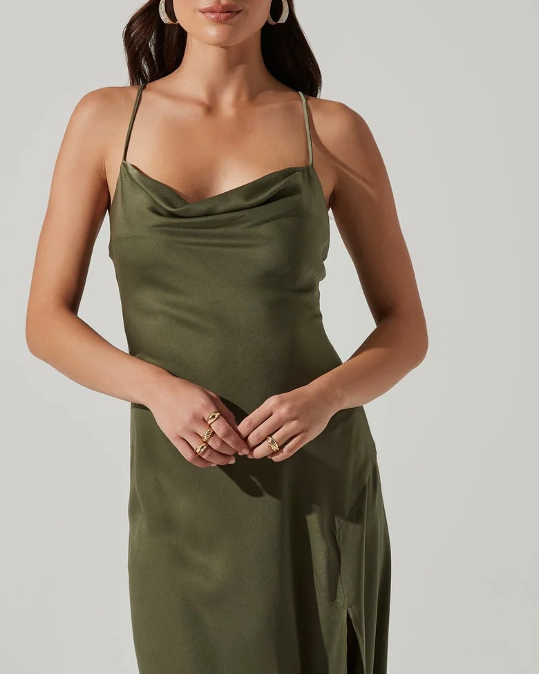 Gaia Satin Midi Dress in Sage