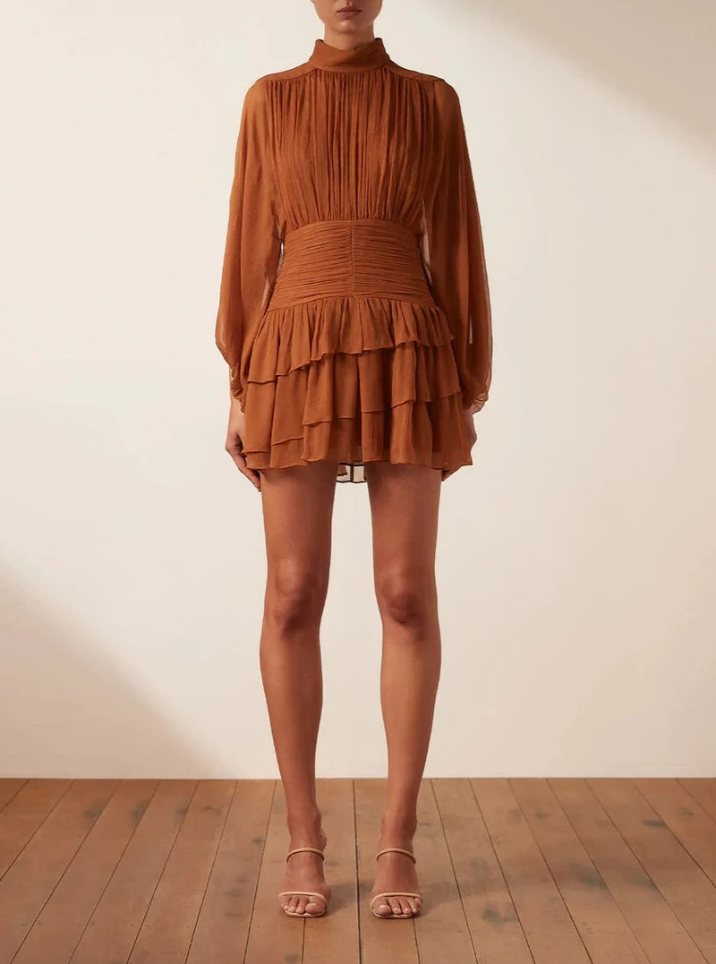 Long Sleeve Ruched Mini Dress in Siena