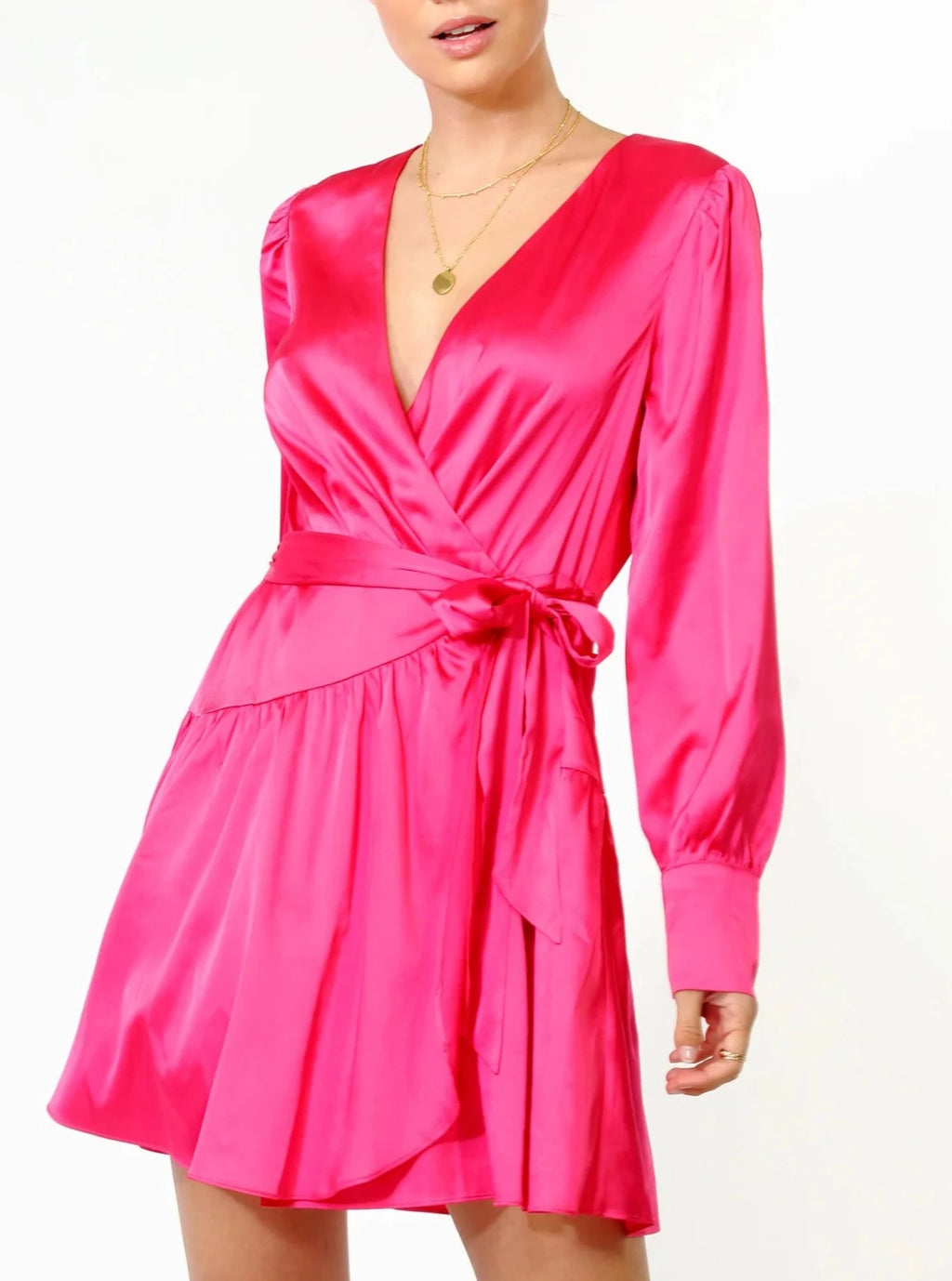 Pink satin wrap dress sales