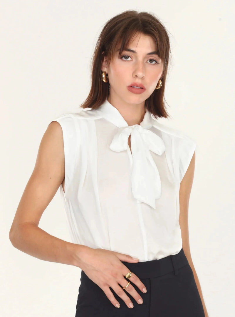 Annette Bow Tie Sleeveless Blouse in White