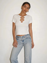 Charlee Lace Up Ribbed Top in White
