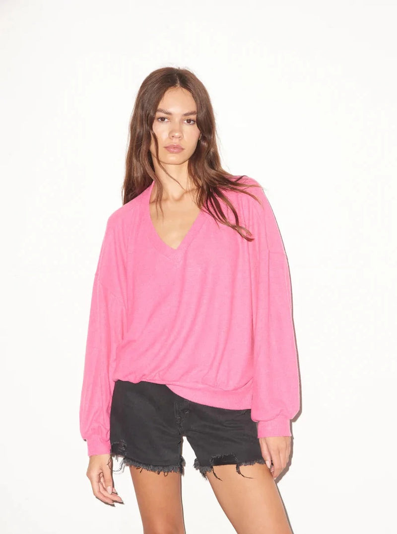 Brushed V Neck Pullover in Pink