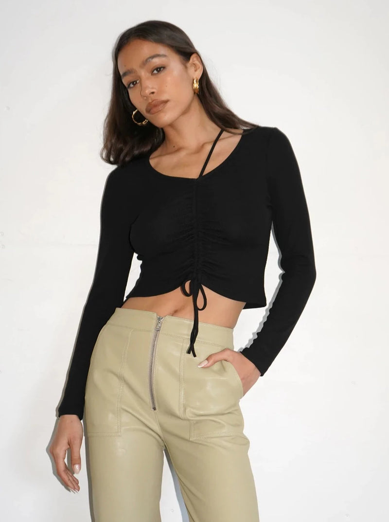 Malika Ruched Front Rib Top in Black