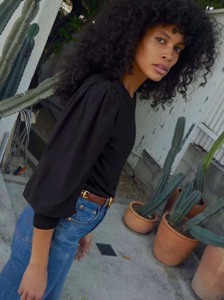 Loren Smocked Peasant Tee in Black