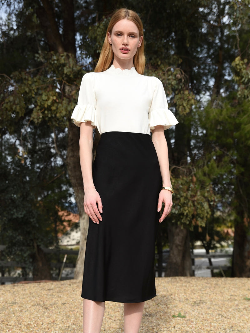 Athena Bias Cut Midi Skirt in Black