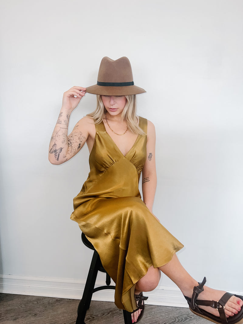 Plunged Midi Dress in Olive Oil