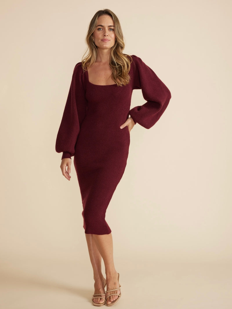 Paige Puff Sleeve Knit Dress in Wine
